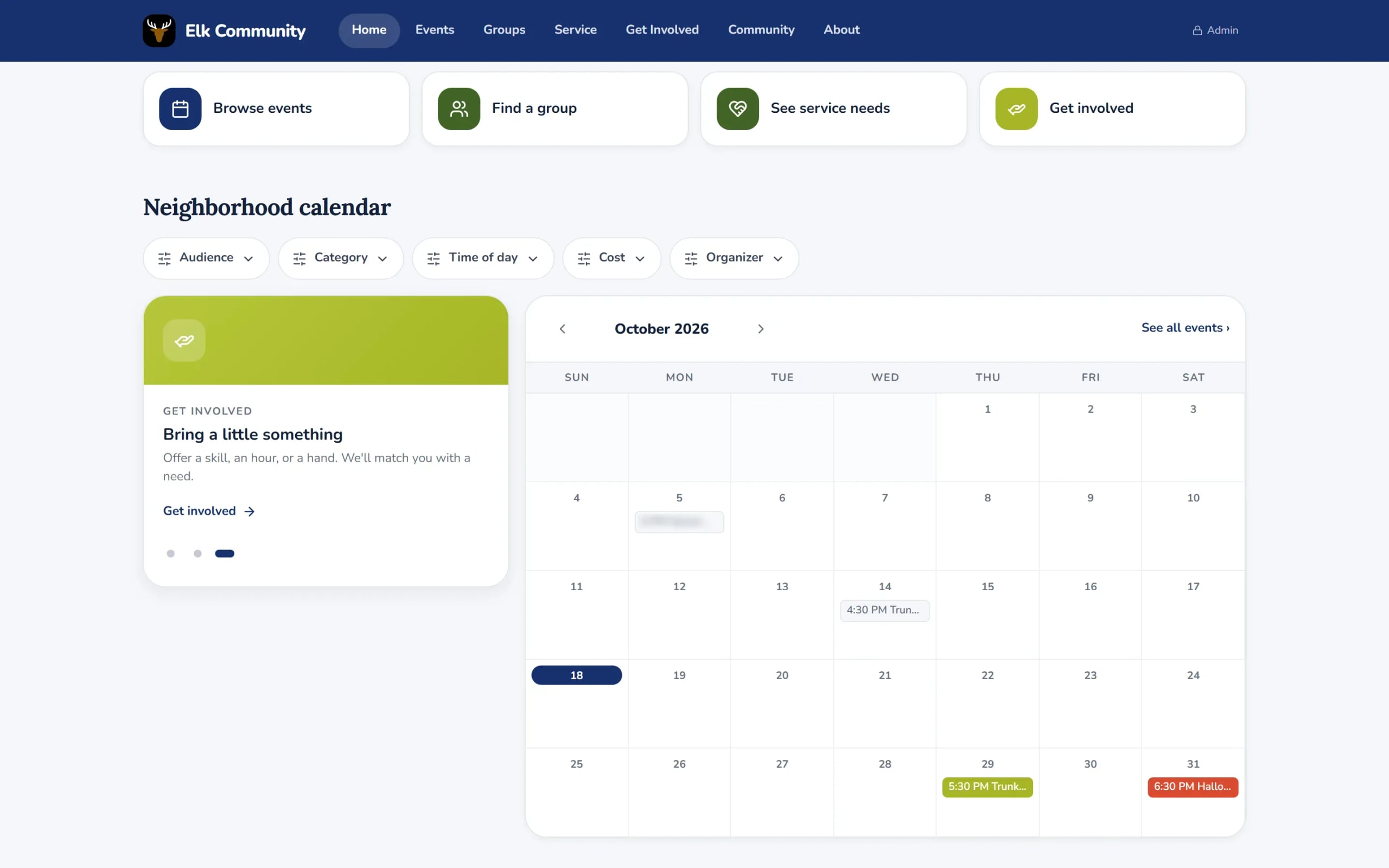 Quick-link cards above the neighborhood calendar, with filter chips and an October 2026 month grid