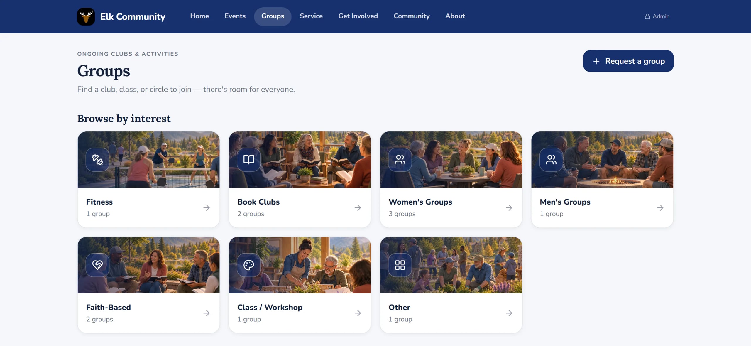 The Groups page: seven illustrated interest categories with group counts