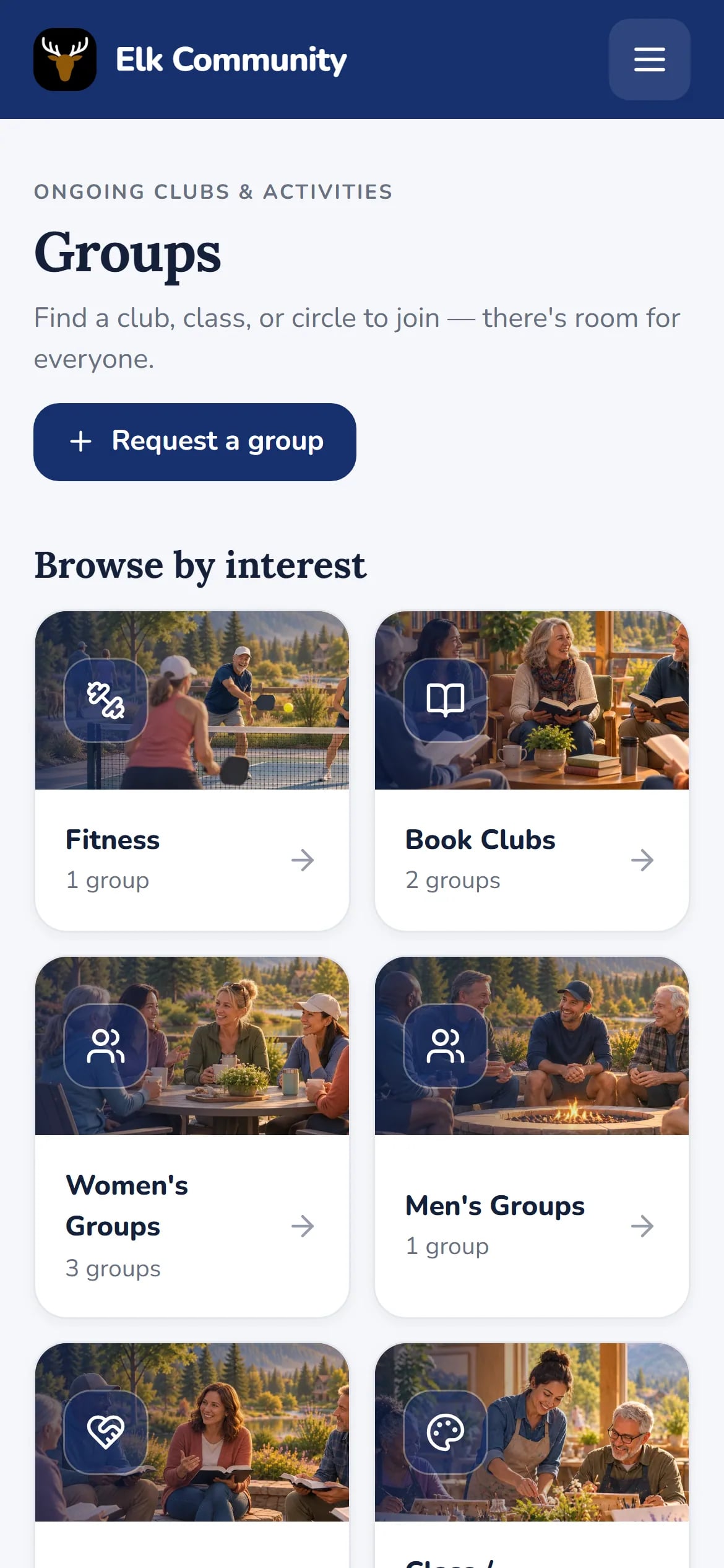The Groups page on a phone with a request button and a grid of illustrated categories