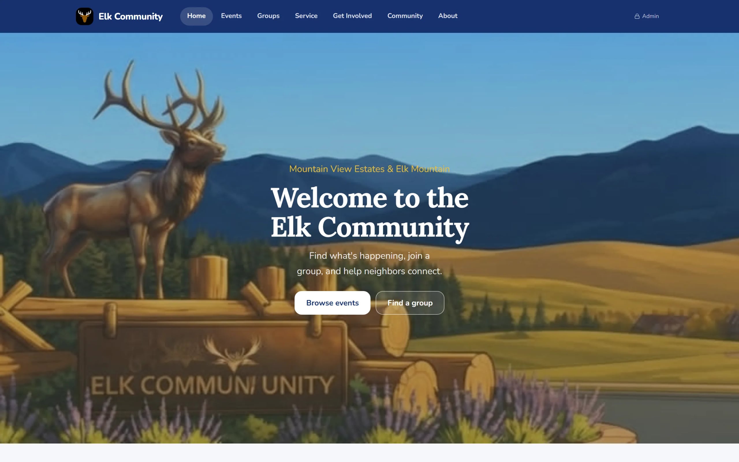 Elk Community homepage: a painted elk statue above a log sign with mountains behind, and the headline “Welcome to the Elk Community”