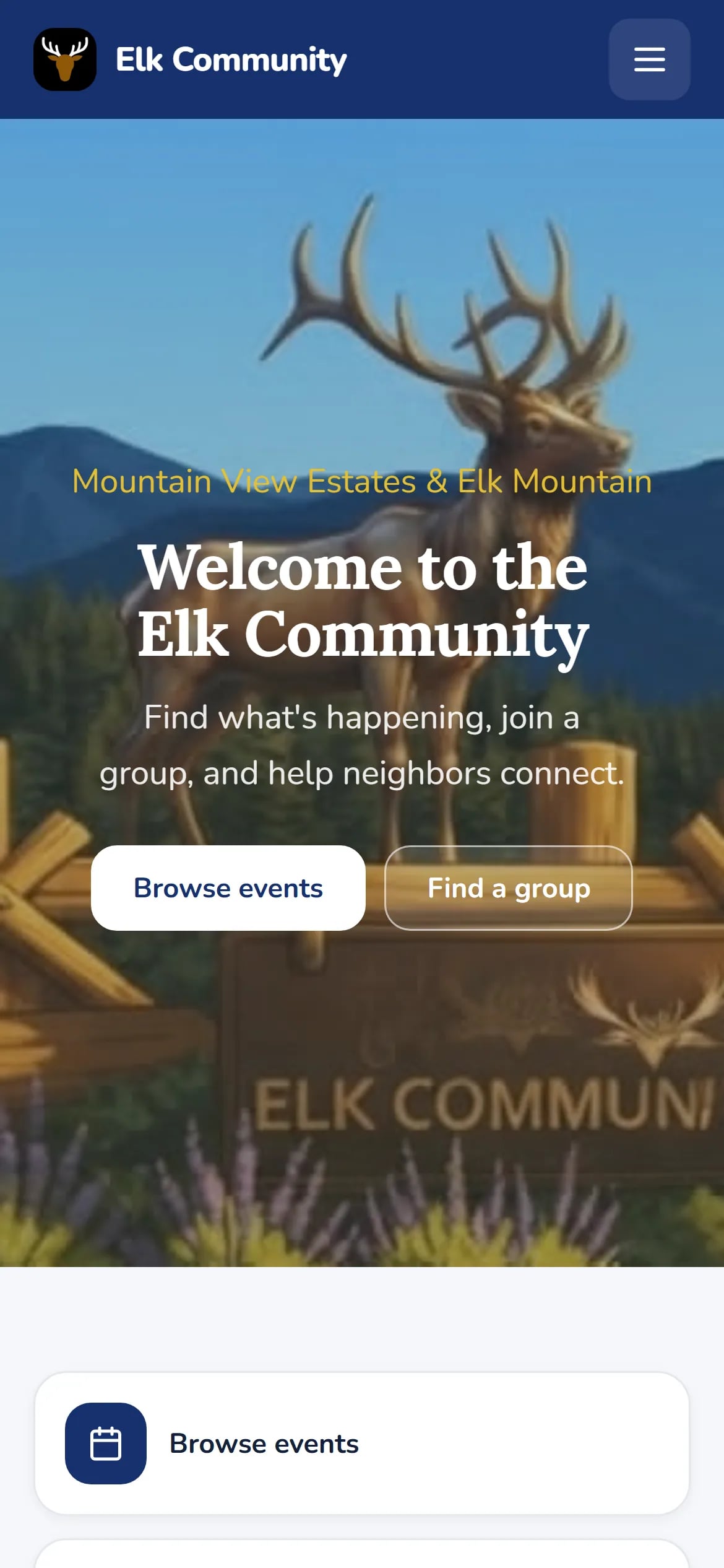 Elk Community homepage on a phone with the elk illustration hero and two buttons