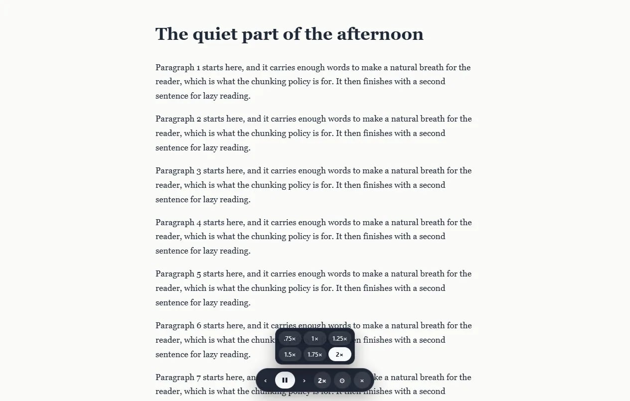 An article page with Local Reader's floating dark mini player, its speed menu open at 2×