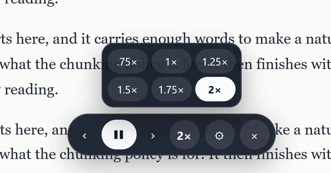 Close-up of the mini player's controls and speed choices from 0.75× to 2×