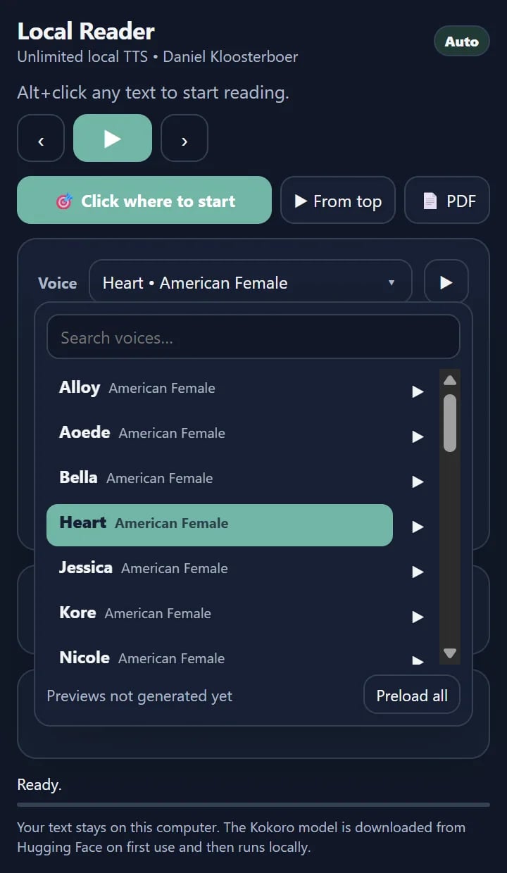 Local Reader panel with the voice picker open, listing Kokoro voices