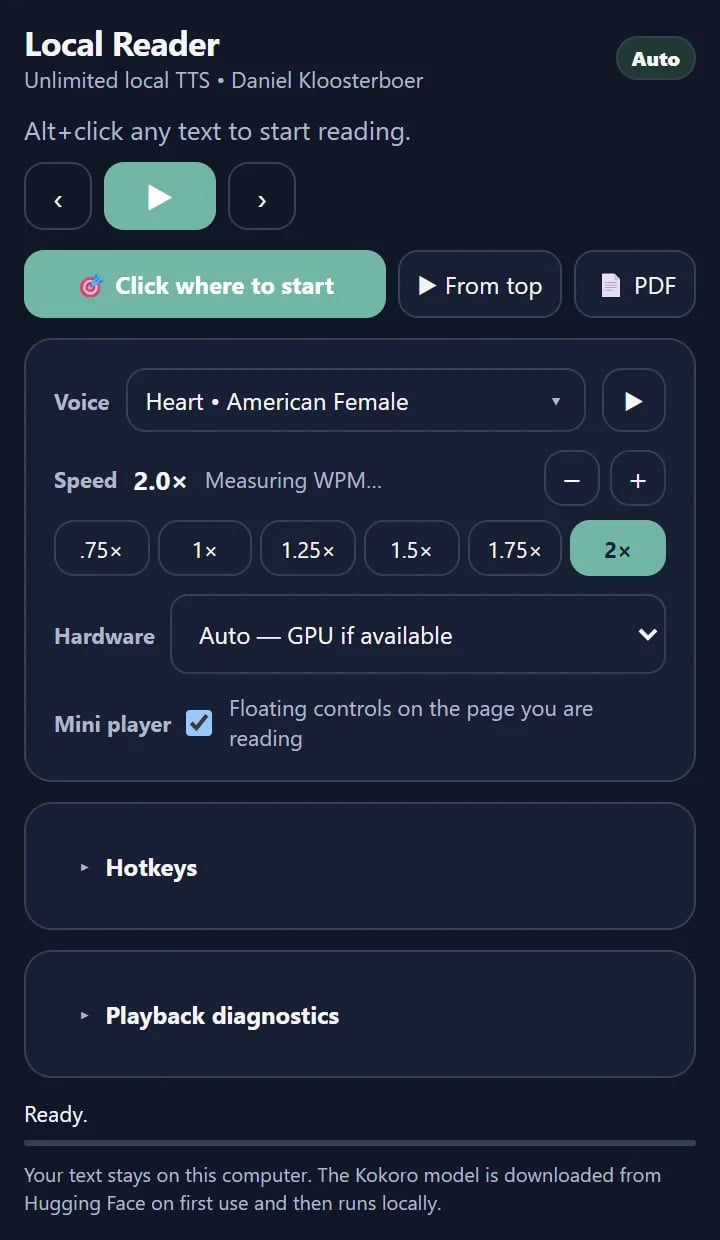 Local Reader side panel with play controls, voice, speed presets and hardware choice