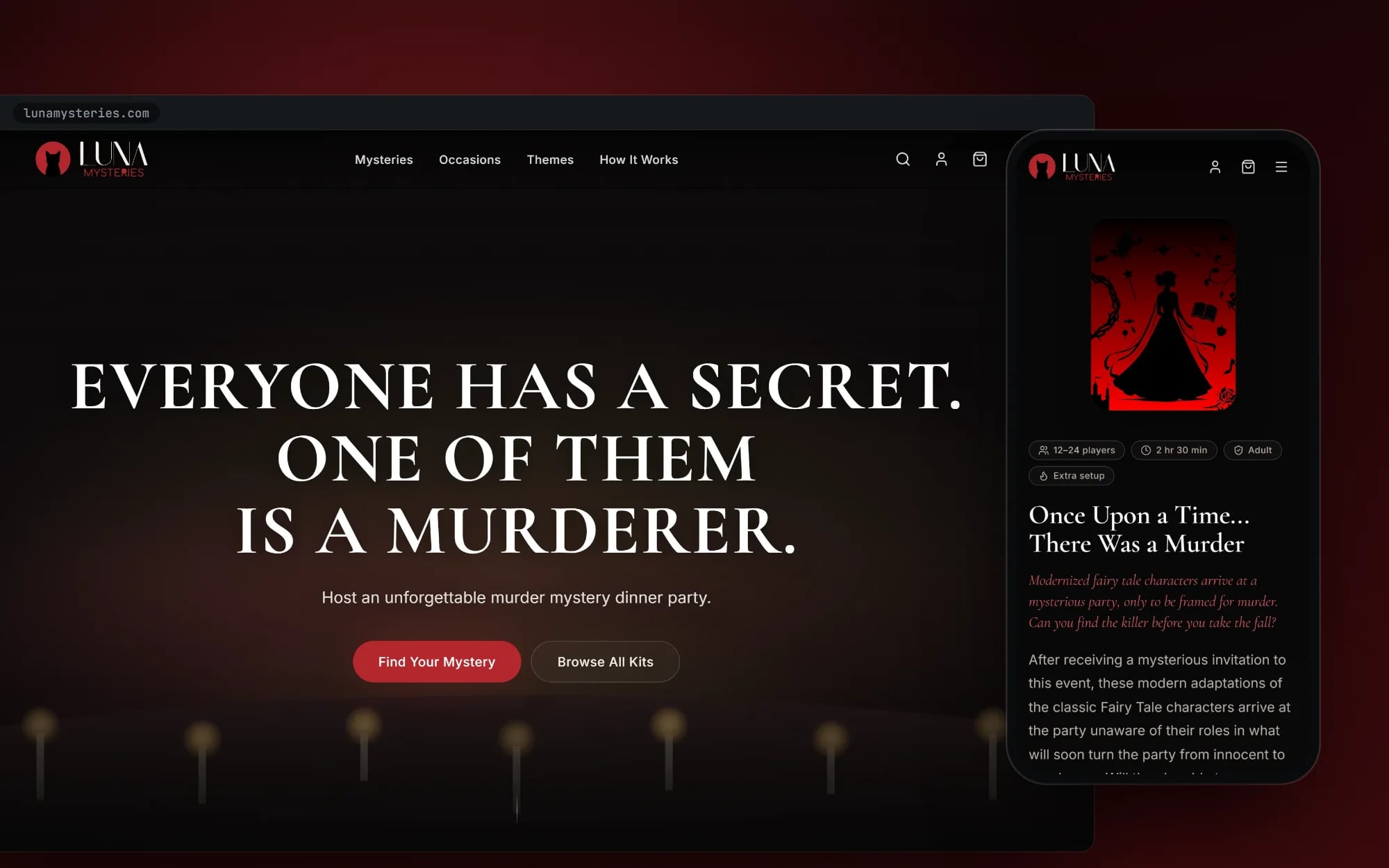 Luna Mysteries: the candlelit homepage and a mystery kit's product page on a phone